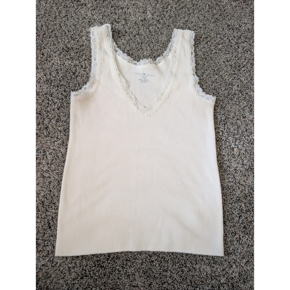 Brandy Melville Cream Ribbed Lace Trim V-Neck Cotton Tank Top One Size